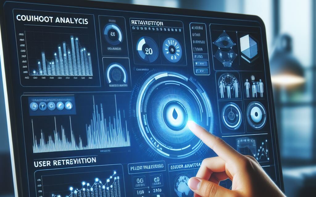 A hand pointing to a screen with charts